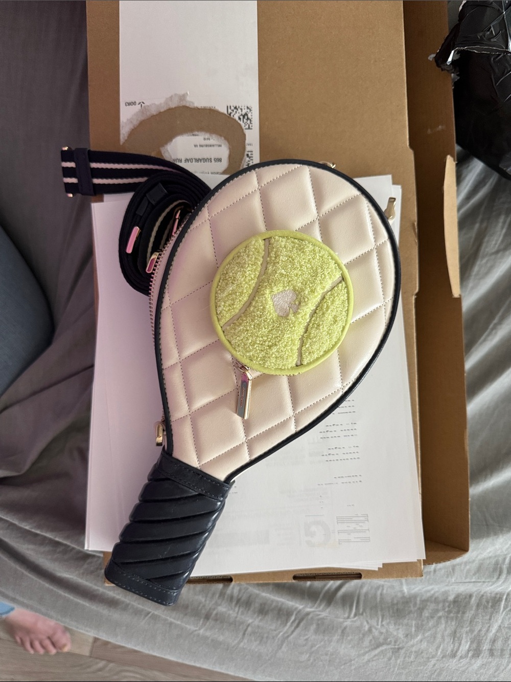 KATE SPADE Quilted Tennis Racket Crossbody Bag in Cream and Lime